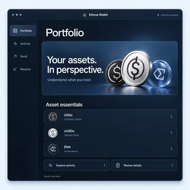 Illustrative navy desktop wallet interface with an asset overview